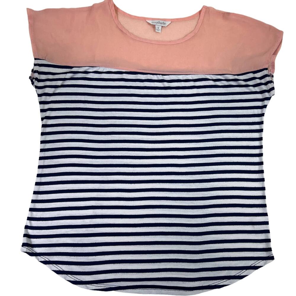 Charming Charlie Sleeveless Stripe Tee Shirt Blouse Sheer Peach Chiffon Shoulder
